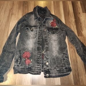 AEROPOSTALE  Floral Embroidered Button Up Denim Jacket Black Size XS